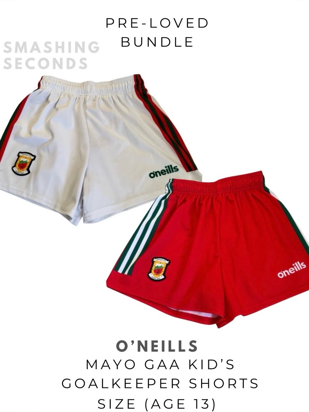 O'Neills Mayo GAA Kids Goalkeeper Shorts - White & Red